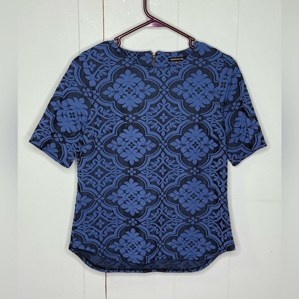 Warehouse Black and Royal Blue Quilted Textured Top UK 12 = US 8